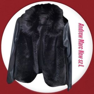 Andrew Marc New York Woman's Faux Fur Faux Leather Black Jacket Coat Sz L